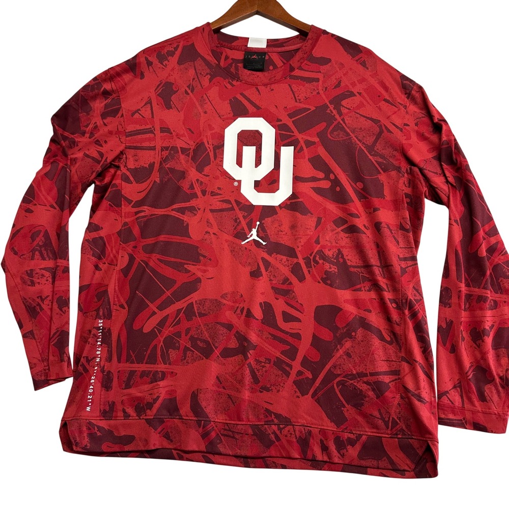 Jordan Oklahoma Sooners Mens Red Splatter Long Sleeve Shirt CN2195-698 Size L